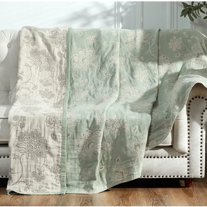 jinchan Boho 100% Cotton Muslin Queen Size 80x90 Inches Blanket Lightweight 4-Layer Quilted Soft Green and Beige Floral Throw Blanket Reversible Comfy Flower Rustic All Seasons Couch Bedroom Decor