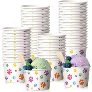 Patelai 50 Count 8 oz Paw Print Ice Cream Cups Bulk Paper Pup Cups Disposable Dog Bowls Dog Paw Print Dessert Bowls for Doggie Puppy Pet Dogs Theme Party Whip Ice Cream Snack Treat Food (Colorful)