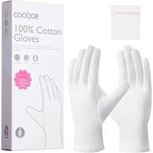 COOLJOB 100% Cotton Gloves, 6 Pairs White Cotton Gloves for Dry Hands Moisturizing & Eczema, Overnight Lotion, Sleep & Spa Treatment for Women & Men, Breathable Work Glove Liners, Large Size