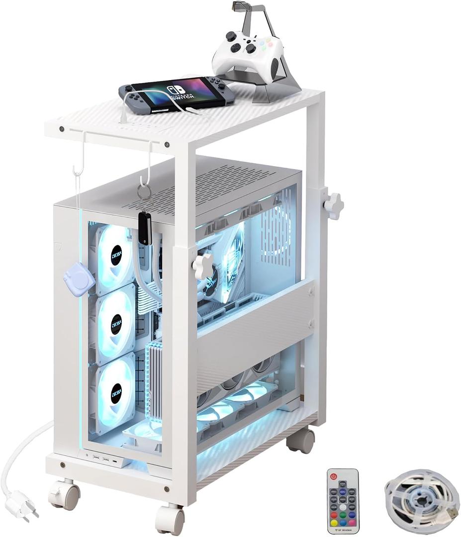 Computer Tower Stand with LED Light Strip,Mobile Rolling CPU Holder,Height Adjustable PC Tower Stand with Charging Station for Office Home (White)