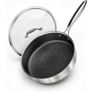 COOKER KING 3.6-Quart Hybrid Stainless Steel Sauté Pan with Lid, 10" Tri-Ply Clad Deep Frying Pan, Non-Stick & Non-Toxic Skillet for Egg, Cake, Seafood, Induction Compatible, Oven & Dishwasher Safe