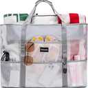 KABAQOO Mesh Beach Bag, Extra Large Beach Bags with 9 Pockets & Zipper Waterproof Lightweight Beach Tote for Beach/Pool Trip (White)