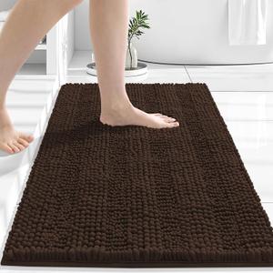 Grandaily Chenille Striped Bathroom Rugs 30x20, Extra Thick and Absorbent Bath Mats, Non-Slip Soft Plush Shaggy Shower Carpet, Machine Wash Dry, Bath Rug for Bathroom, Brown