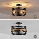 WUZUPS 3-Light Metal Drum Chandelier Imitation Wood Grain Shade Round Semi Flushmount Ceiling Lighting Rustic Farmhouse Fixture Foyer Entry Kitchen, H 9.4" x W13.8, E26 Base, Black