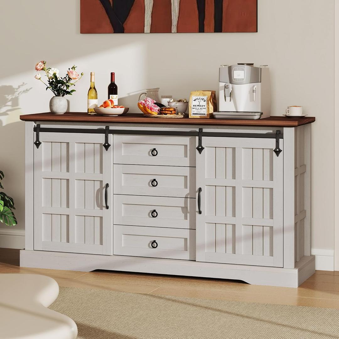 YITAHOME Farmhouse Buffet Cabinet with Storage, 59" Sideboard Cabinet w/Sliding Barn Doors and 4 Drawers, Kitchen Cabinets for Living Room, White Oak