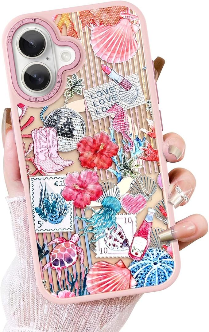 OOK Case for iPhone 16 [Compatible with MagSafe], Luxury Gilded 3D Textured Pink Coastal Beach Ocean Sea Shell Floral Collage Frosted Shockproof for Women Girls Magnetic Phone Cover