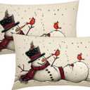 Christmas Lumbar Pillow Covers 12X20 Inch Snowman Red Birds Snowflake Decorative Pillow Cases Winter Holiday Cotton Linen Throw Pillows Set of 2 Farmhouse Home Decor For Sofa Couch Porch Outdoor