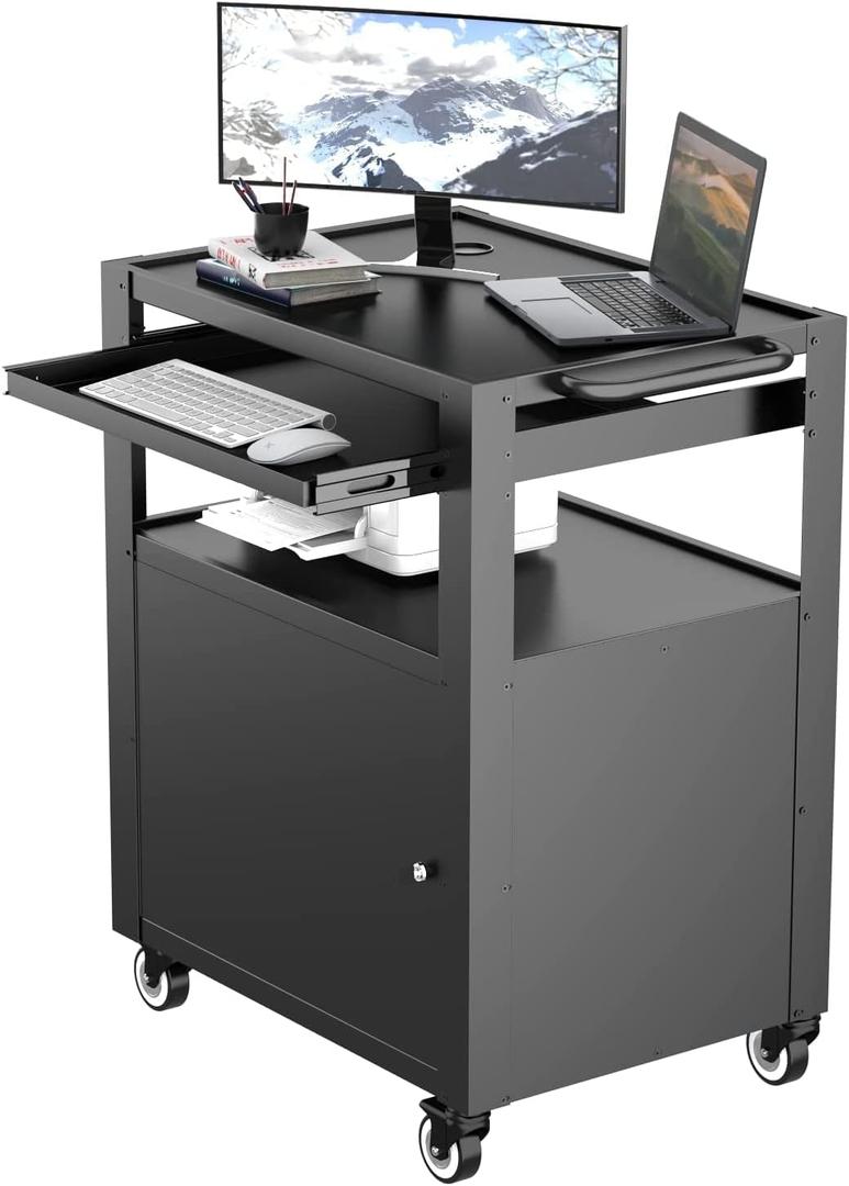 Argatin AV Cart with Keyboard Tary and Locking Cabinet Laptop Cart on Wheels Utility Carts and Pullout Tray - Max Capacity 350 lbs, 24.8''L x 18.1''W x 39.8''H