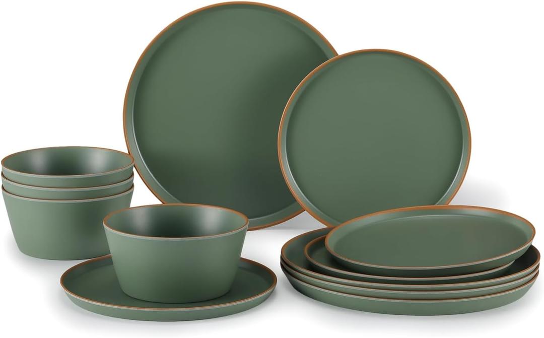 Melamine Dinnerware for 4, 12 Pieces Unbreakable Matte Plastic Plates and Bowls set, Kitchen Dish set BPA Free, Dishwasher Top Safe, Not Microwave, Not Oven (Green)