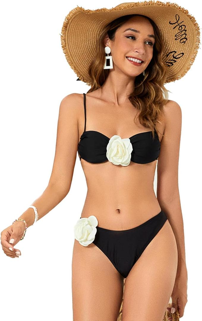 OYOANGLE Women's Women's 2 Piece 3D Rose Bikini Swimsuit Spaghetti Strap High Waisted Bathing Suit Beachwear (Large, Black and Beige)