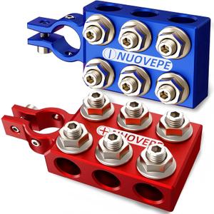 Heavy Duty Battery-Terminal-Connector: 12-Way Car Battery Terminals, Aluminum Corrosion Resistant, 8AWG up to 4/0(XL) AWG Gauge, Fits SAE/DIN/EN Top Post for Car Audio, Winch, Truck, Off-Road (12-Way (Red & Blue Pair))