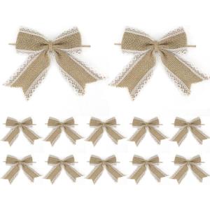 AIMUDI Natural Burlap Bows with Lace 4 Inch Handmade White Lace Jute Bows Pre Tied Gift Bows for Crafts Burlap Bows for Christmas Trees Vintage Wedding Decorative Bows for Party - 12 Counts