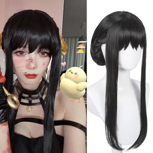 Half and Half Long Black Anime Cosplay Wig with Bangs & Bun Pre-styled Thorn Princess Killer Costume Wigs Synthetic Hair + Wig Cap for Halloween Party