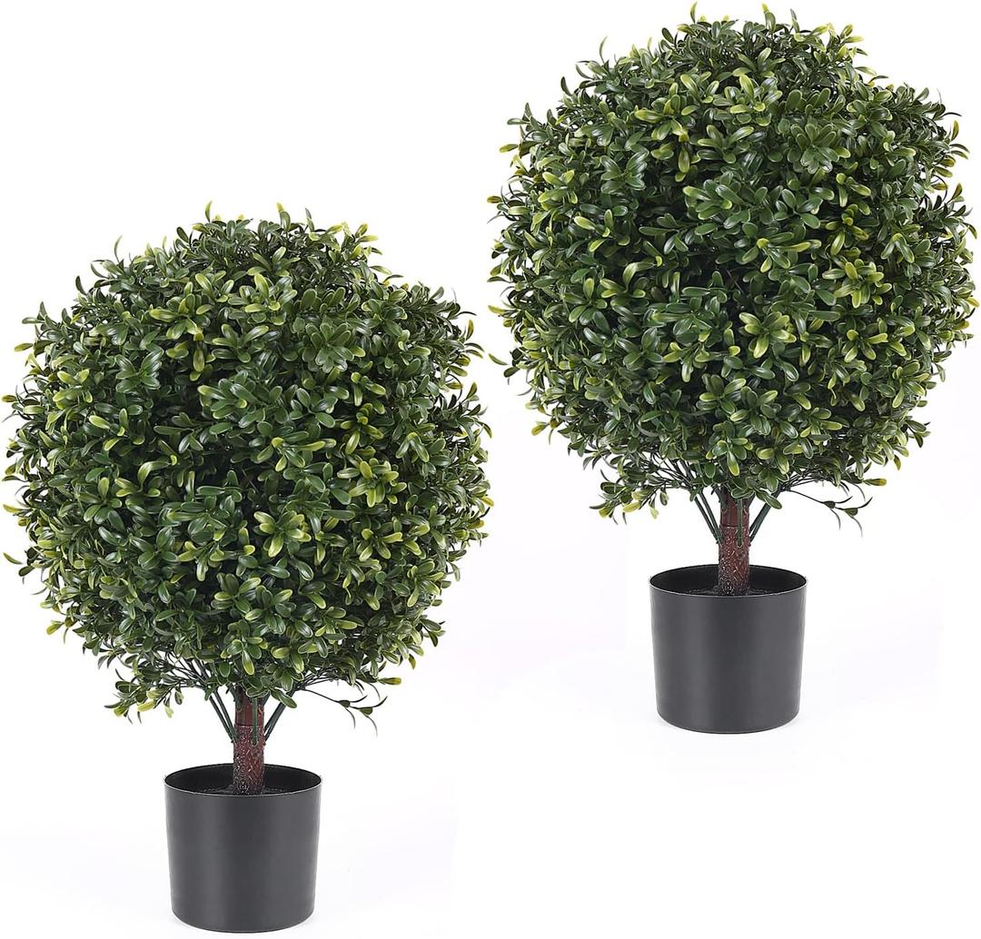 21 Inch Artificial Topiary Boxwood Ball Trees  Decorative Fake Greenery in Planter Pots for Front Porch, Indoor Walkway, Entryway Decorating, Set of 2