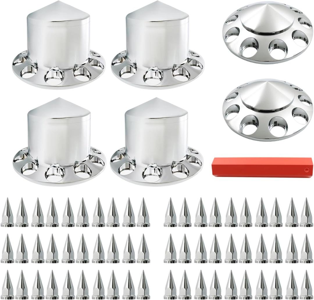 WFLNHB 2 Front and 4 Rear Complete Axle Wheel Cover Replacement for Semi Truck Chrome ABS Complete Axle Cover Set 33mm Screw-On Spiked Lug Nut Covers