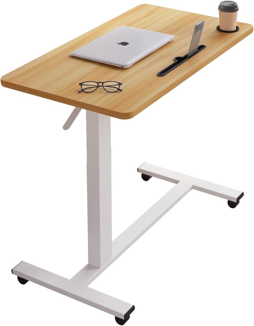 Overbed Beside Table,Bed Desk,Hospital Bedside Table,Pneumatic Mobile Laptop Computer Standing Desk Cart with Tray (Natural)