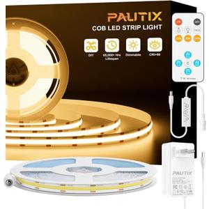 PAUTIX COB LED Strip Light 16.4ft,Engineering Level UL Listed Warm White 2700K,CRI93+ Super Bright High Lumen,Dimmable 24V Flexible LED Tape Light with RF Remote,for Cabinets,Home&Office DIY Lighting