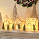 Ceramic White Christmas Village Houses, 3Pcs Light Up Small Porcelain Village House with 6Pcs Christmas Trees, LED Lighted Tabletop House Figurines for Home Decor, Winter Holiday DIY, Gift (Set of 3)