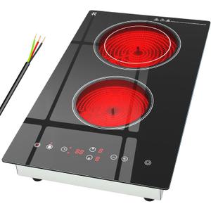 Electric Cooktop 2 Burner, 3200W Radiant Electric Stove Top 240V with Built-in Design, 12 inch Touch Control Ceramic Cooktop with Safety Lock, 9 Level Power, Timer - Hard Wire