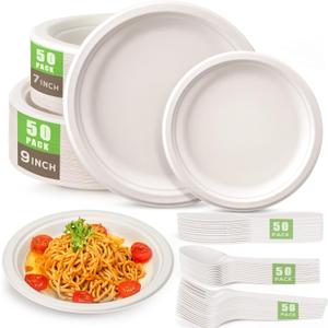 Gezond Compostable Paper Plates 250pcs Disposable Plates Heavy-Duty Paper Plates Biodegradable White Plates for Party Sugarcane Plates Cornstarch Forks Knives Spoons for 50 Guests
