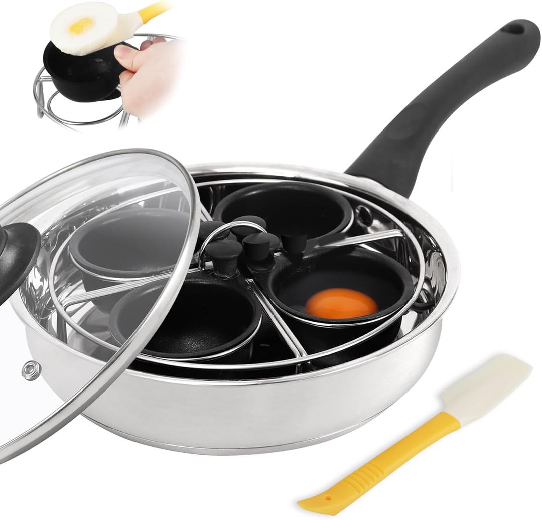 Fuexmotco Egg Poacher Pan, Stainless Steel Egg Poaching Pan for Benedict Breakfast Maker, Poached Egg Cookware with 4 Nonstick Large PFOA Free Egg Poacher Cups and Silicone Spatula
