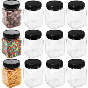 ZAVOOS 12 Pack Plastic Jars with Lids, 24 Oz Square Clear Airtight Food Container Mason Jars for Kitchen, Refillable Empty Storage Containers Bulk for Dry Food, Candy, Sugar, Nuts