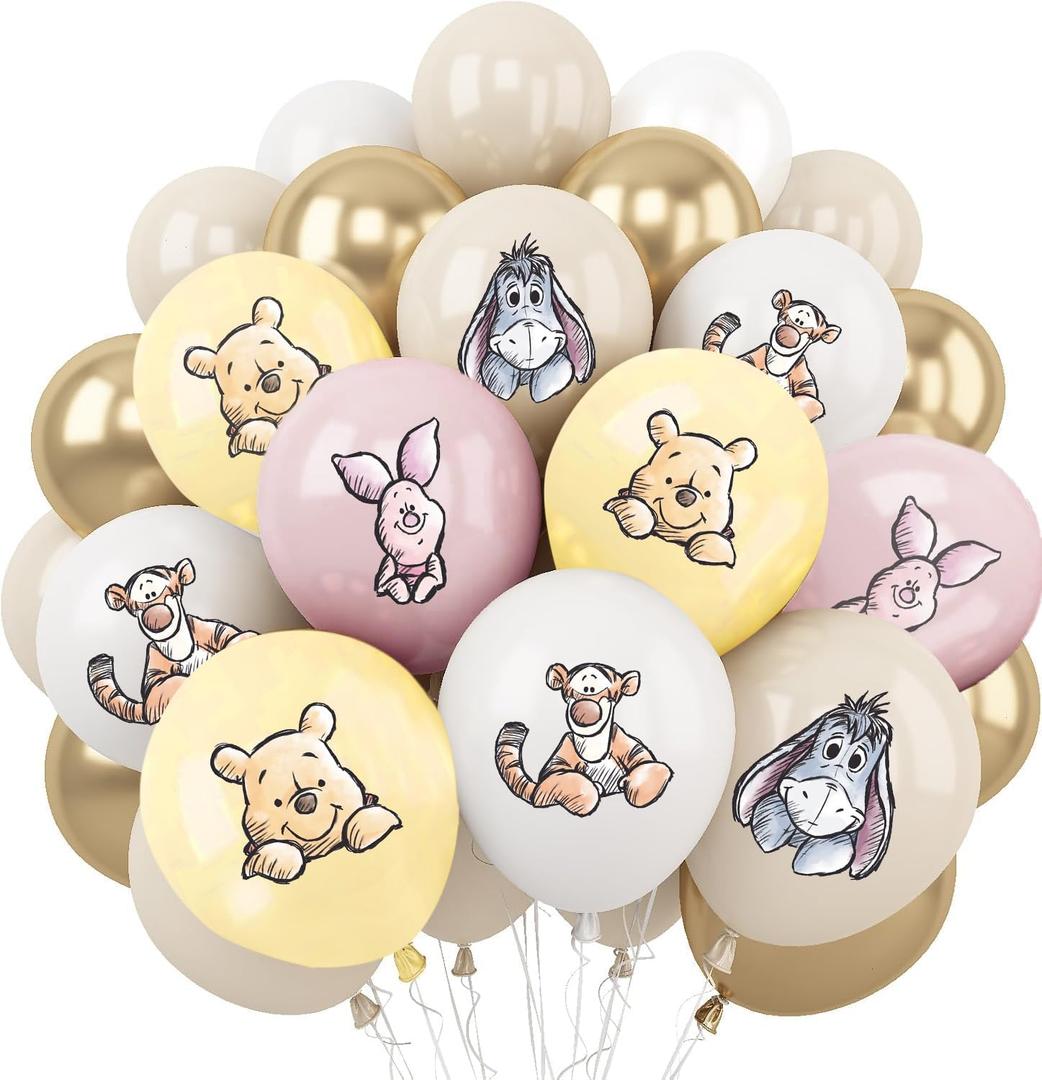30pcs Classic Winnie Baby Shower Decorations, 12 Inch Winnie Bear Balloons Arch Kit, 5 Designs Neutral Gender Party Supplies for Birthday Gender Reveal Newborn Celebration
