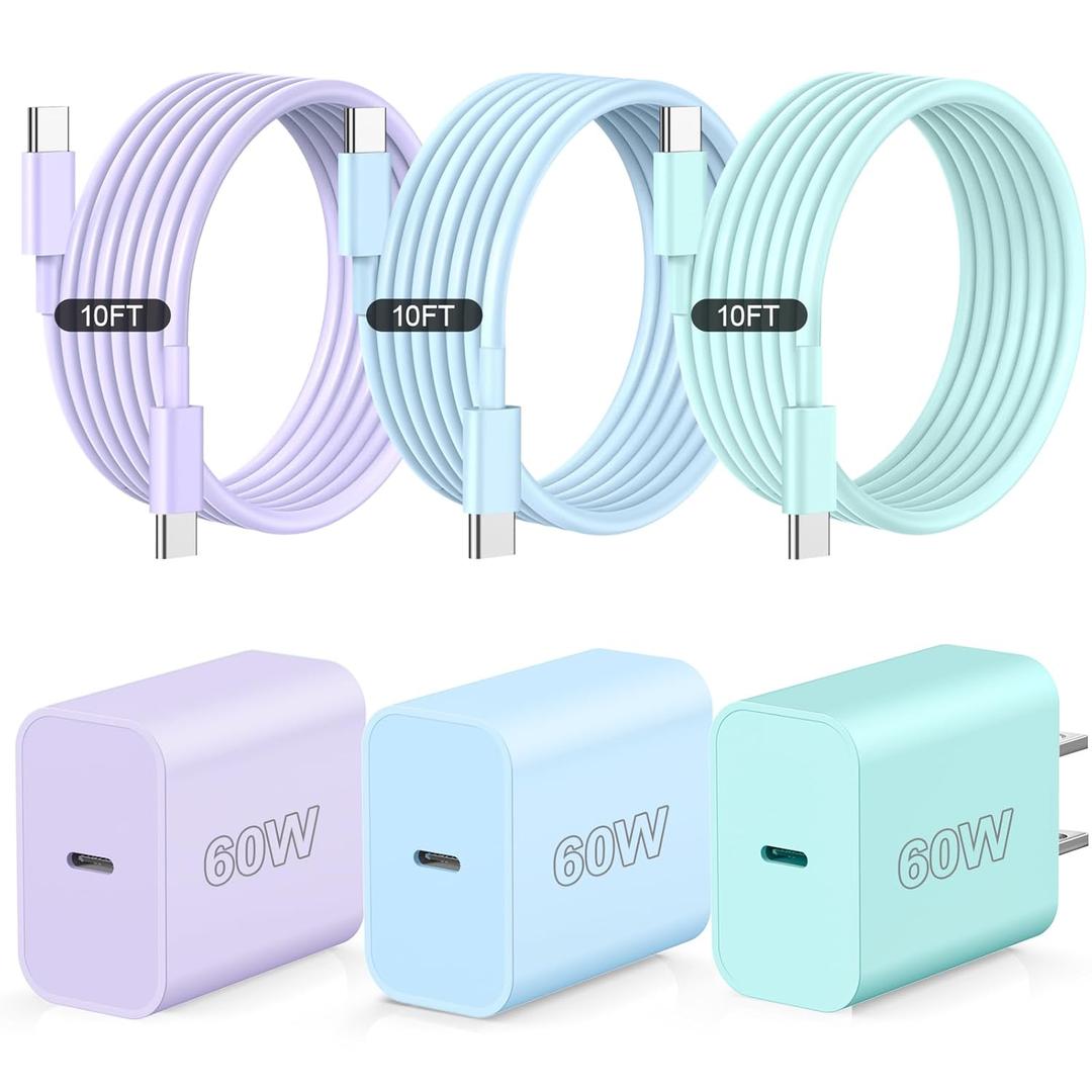 i Phone Charger Fast Charging, 3Pack 60W USB Type C Cable Fast Charging, 10FT Long Charger Cable, Compatible with i Phone 16 15 17,Sannsung Gelaxy S25/S24/S23/S22,Pad,MecBook, More Purple/Blue/Green