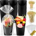 50 Sets 14 oz Charcuterie Cups with Sticks and Bags, Individual Black Paper Charcuterie Boxes Disposable Individual Appetizer Serving Cups (50 Cups + 200 Cocktail Picks + 50 Bags + 50 Ties)