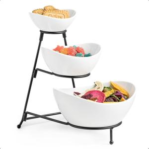 3 Tier Serving Bowls with Stand, Serving Dishes Chips and Dip Serving Set for Entertaining Party, Ceramic Serving Bowl Food Display for Fruit Salad Soup Snacks, Microwave & Dishwasher Safe (Large, Black)