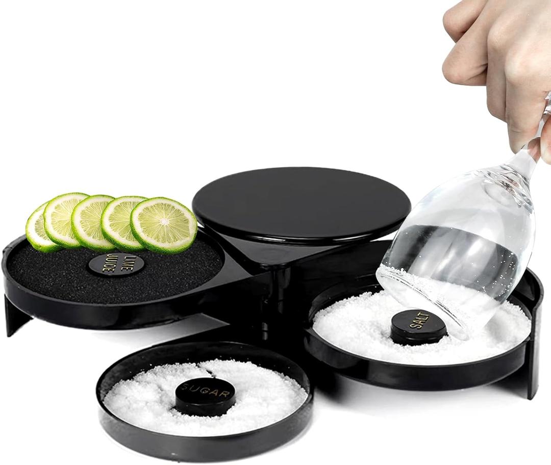 1 Pack 3 Tier Bar Glass Rimmer for Cocktail and Margarita Salt Rimmer Set with Sponge,Bar Accessories for The Home bar Set Plastic Bartender Tool for Margarita Salt,Black