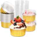 40 Pack Individual Mini Cake Pans with Lids,Round Aluminum Foil Baking Tins5oz Disposable Ramekins Cake Pans for Party,Wedding,Birthday (Gold)