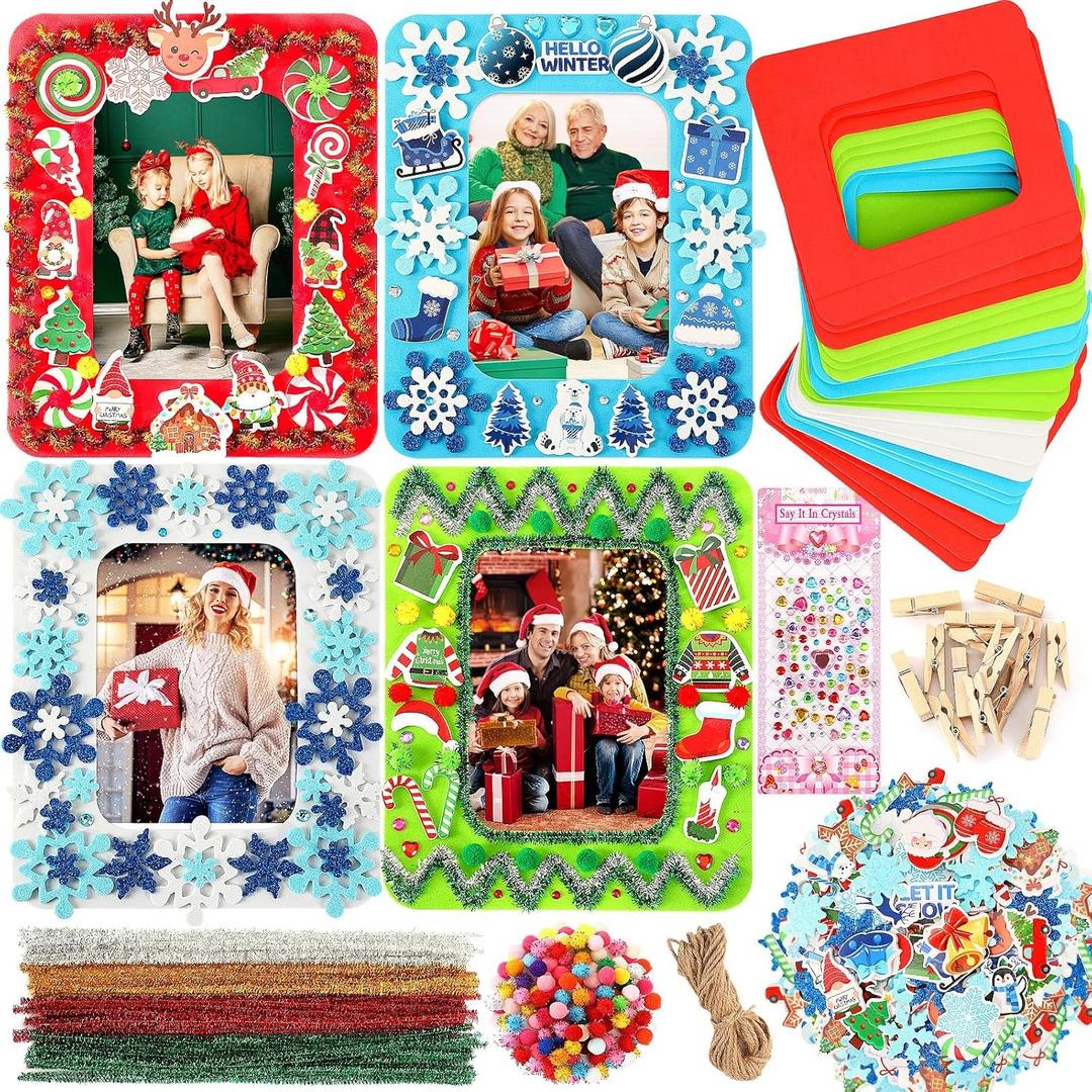 SANNIX 445 Pcs Christmas Picture Frame Craft Kit for Kids Include Foam Photo Frames Xmas Foam Stickers Snowflake Winter Crafts for DIY Christmas Ornaments Party Favor Home Classroom (Red Green White Blue)