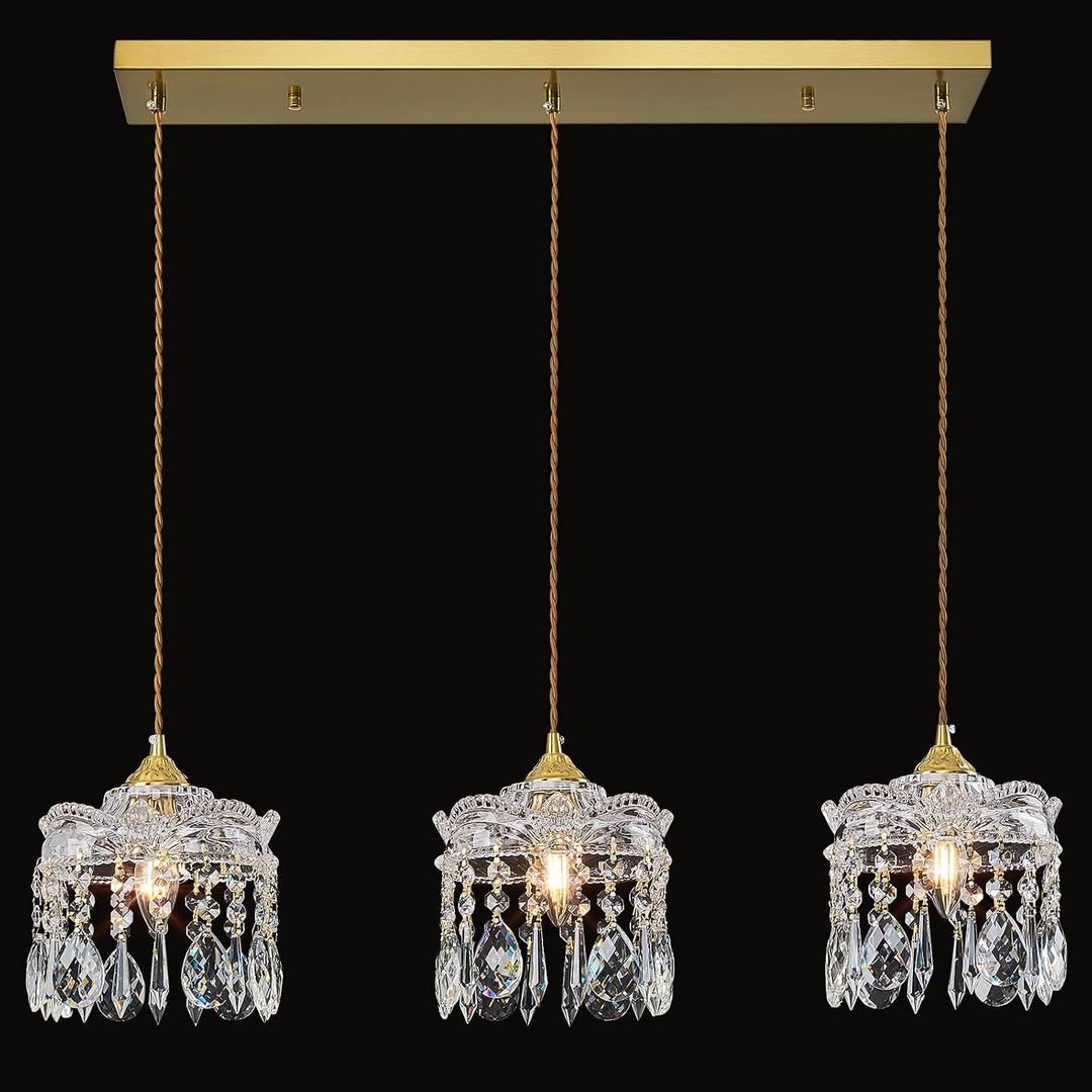 3-Light Brass Vintage Glass Pendant, Crystal Pendant Light, Adjustable Height Lighting for Kitchen Island, Dining Room, Farmhouse, Living Room(Long Chassis)