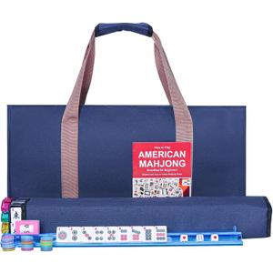 American Mahjong Game Set, 166 Premium White Tiles, 4 All-in-One Color Rack/Pushers, Complete Mahjong Set Blue Carrying Bag