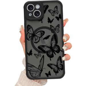 Magnetic for iPhone 15 Plus Case [Compatible with MagSafe] Cute Cool Butterfly Print Pattern Design, Slim Bumper Translucent Matte Protective Case Cover for Women Girls, Black