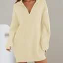 ZESICA Womens Fall Long Sleeve Sweater Dress Casual Quarter Zip Oversized V Neck Collared Knit Pullover Mini Dresses (Beige, L)