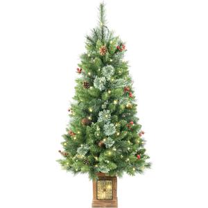 4ft Pre-lit Christmas Tree,Artificial Pine Potted Xmas Tree 256 Branches Tips,Decoration with 100 LED Lights & 12 Red Berries & 12 Pinecone for Home or Office