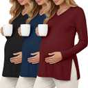 Sweetyweee 3 Pack Women's Thermal Maternity Shirts Fleece Lined Long Sleeve Tops Split Side V Neck Pregnancy Clothes, 2XL