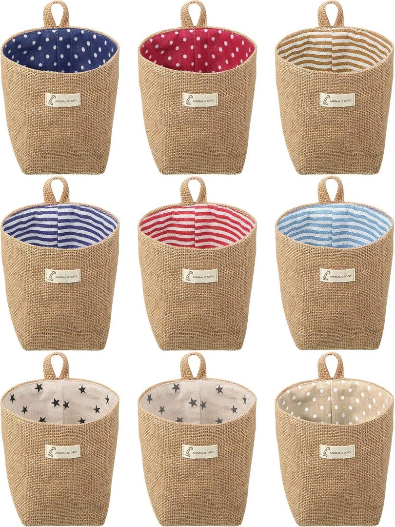 Boao 9 Pcs Mini Wall Hanging Storage Bags Cotton Linen Storage Basket Small Foldable Family Organizer Box Decorative Hanging Basket Bin for Door Wall Closet Office College Dorm(Cute)