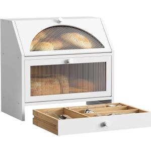 BMOSU Bread Box for Kitchen Countertop Corner Bread Box Bamboo Extra Large Double Layer Bread Storage Bin with Silverware Drawer Organizer (1Frosted Door)
