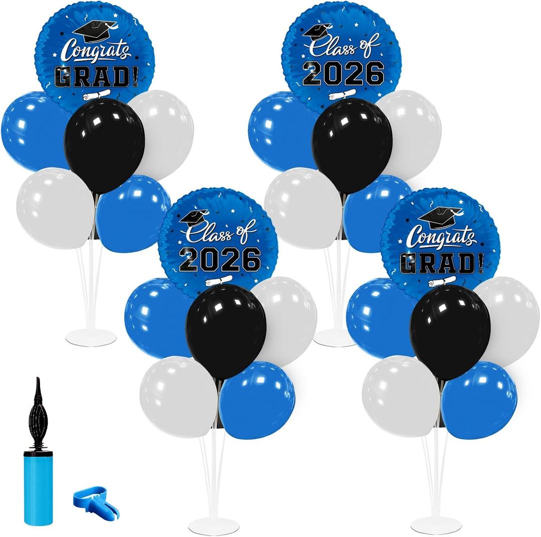 Graduation Decorations - 4 Set Balloon Stands, Class of 2026 Congrats Grad Table Centerpieces for Graduation Party Supplies(Blue & Black)