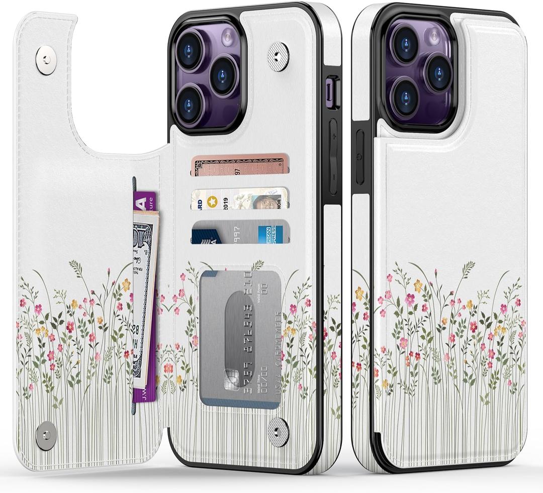 Goodon for iPhone 13 Pro Max Case Wallet - Flip Folio Leather Cover with Trendy Floral Design, 4 Card Slots & Kickstand Function, Protective Phone Case for Women and Girls - Cute Tiny Flowers