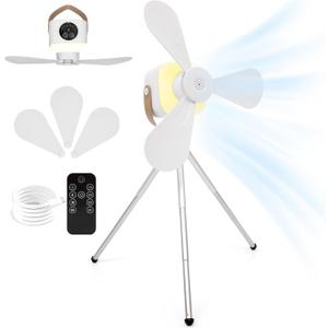 Camping Fan with Telescopic Stand, 7200mAh Tent Fans with LED Light, Remote Control, Detachable Blades and Hook 4 Speeds 3 Brightness Timer Portable Ceiling Fan for Tents Car Picnics Travel