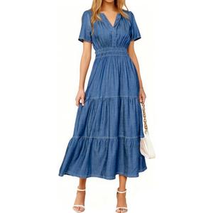 Simplee Womens Summer Denim Dress Casual Short Sleeve V Neck Empire Waist Boho Flowy Western Jean Maxi Dresses with Pockets (S)