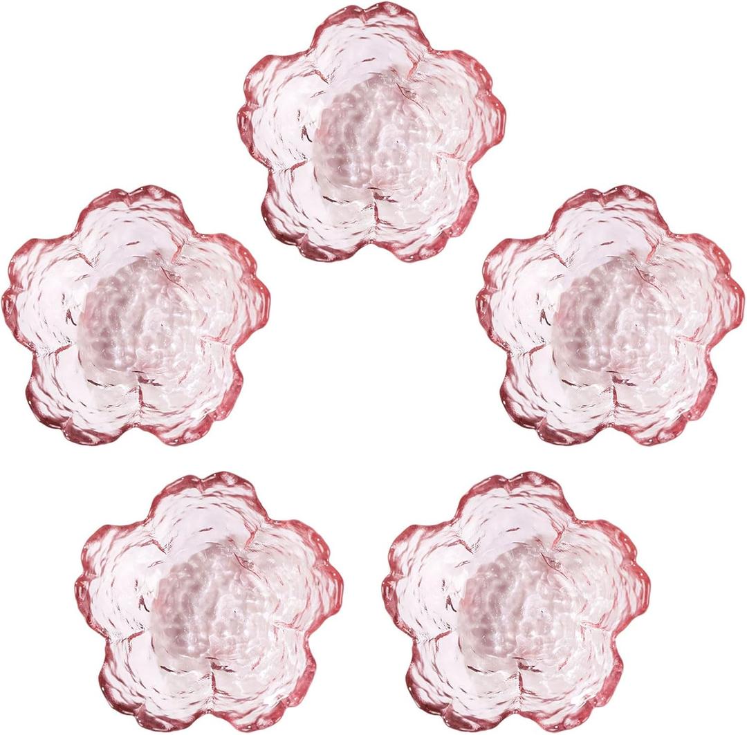 WHJY 5 pack Cute Sauce Dishes Glass Dish Set for Soy Sauce Snacks Tea Bag Mini Glass Bowls Clear Pink Cherry Blossom Soy Sauce Dishes, 3.4 inches x 1.6 inches