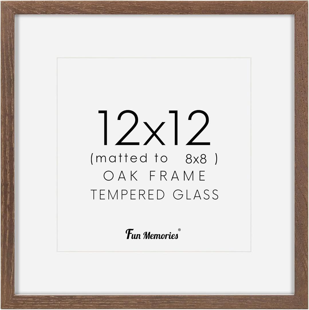 Square 12x12 Picture Frame, Oak Wood Frame 12 by 12, 12"x12" Photo Frames for Wall, 12 x 12 Picture Frame with Mat for 8 x 8, 12x12 Collage Wall Gallery Frame, Tempered Glass - Walnut Color, 1 Pack