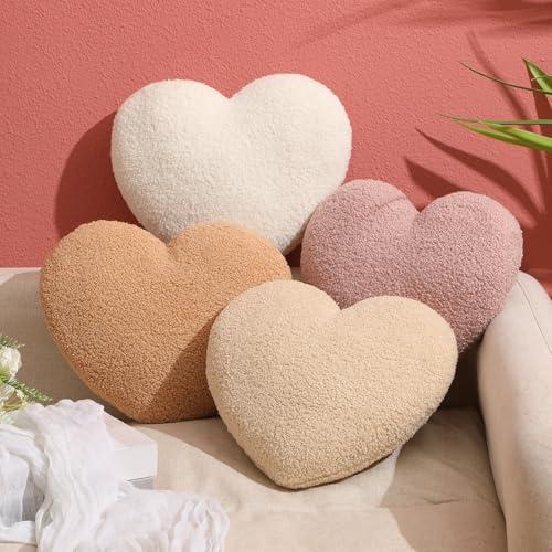 4 Pcs Valentine Pillows Heart Throw Pillows Decorative Sherpa Fluffy Heart Covers Soft Throw Cushion Valentine Gifts Cute Aesthetic Room Decor for Neutral Romantic Boho Home Decor 13.5 x 11.5 in