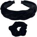 3 x Black Velvet Braided Headband & Scrunchie Set  Matching Hair Accessories for Women & Girls