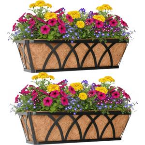 Window Deck Railing Planters Boxes with Coconut Liner, The Bottom Flat Window Boxes Planter Flower Boxes Metal Black Balcony Planters Railing Hanging for Outdoor Fence Porch Patio Lawn(2Pcs 30 Inch)